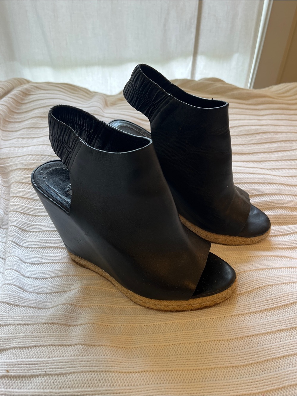 Authentic Balenciaga Black Leather Wedge Peep-Toe Slingback Sandals